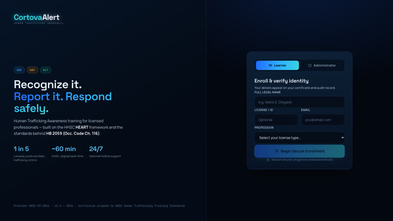 CortovaAlert course screen with the Recognize, Report, Respond framework