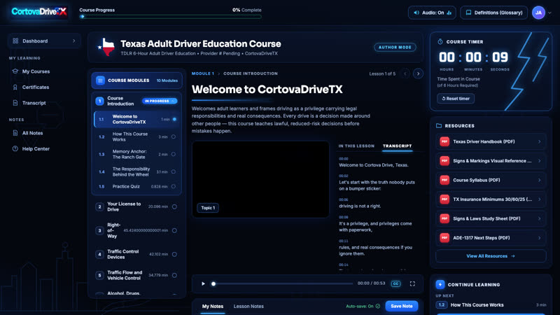 CortovaDriveTX course dashboard with module list and course timer
