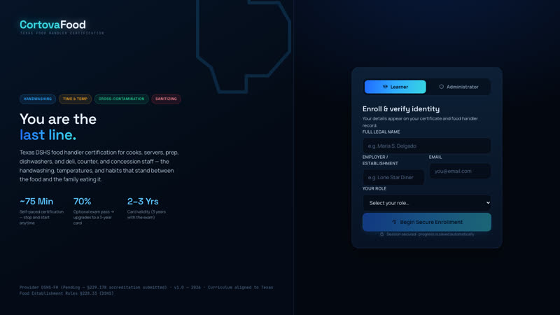 CortovaFood course screen with enrollment and identity verification panels