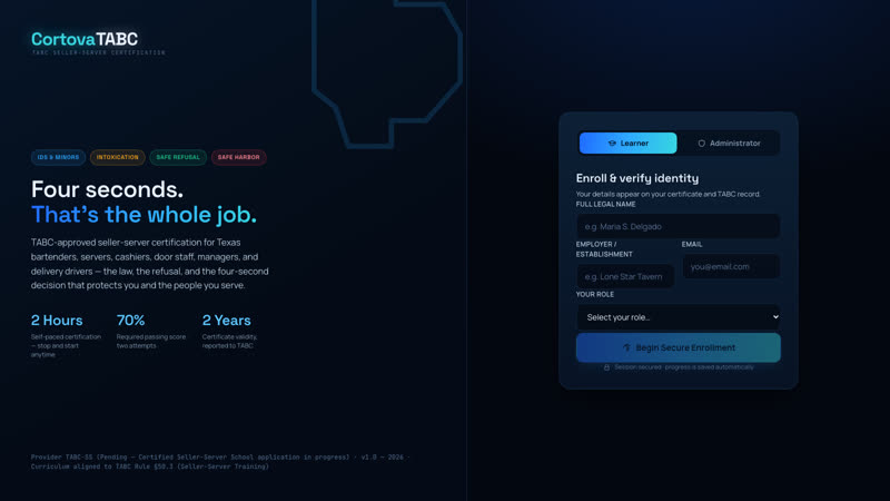 CortovaTABC course screen showing a service-scenario lesson