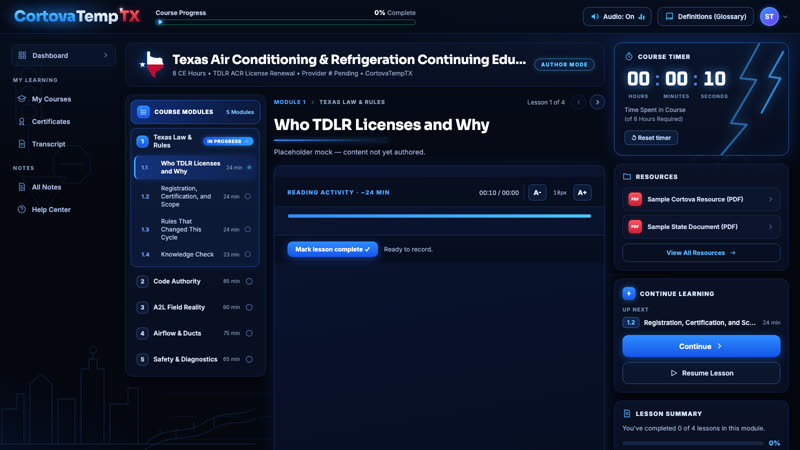CortovaTempTX course preview screen in the Cortova course engine