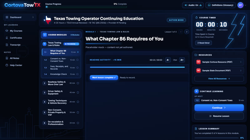 CortovaTowTX course preview screen in the Cortova course engine