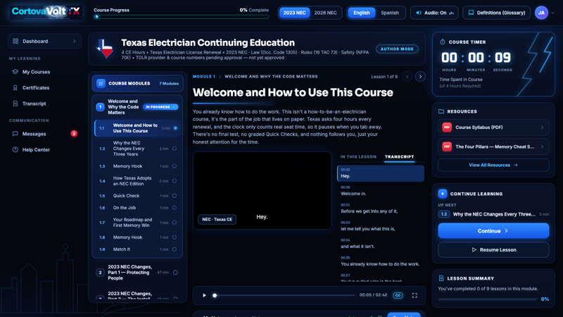 CortovaVoltTX course screen with module navigation and course timer